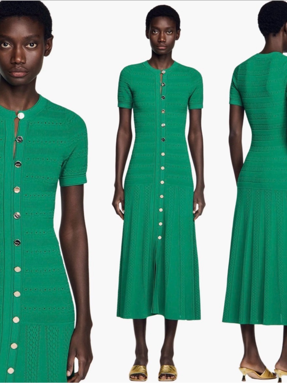 SANDRO knit Green Short-Sleeve Button-Front Knit Dress size 38 or US 4-6